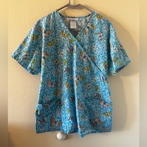 Women’s SB Scrubs Blue With Butterflies Back Tie Scrub Top Size Medium